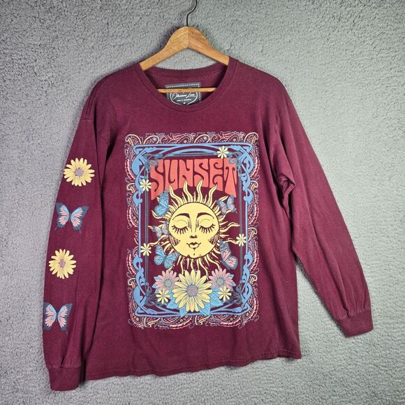 Obsessive Love Boho Graphic T-Shirt Maroon Sunset Moonlight Butterflies Festival - Picture 1 of 8